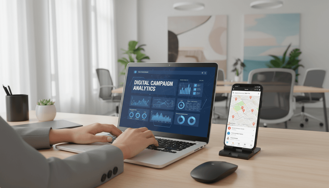 Marketing professional's hands working on laptop with smartphone showing map pins and search results on organized desk