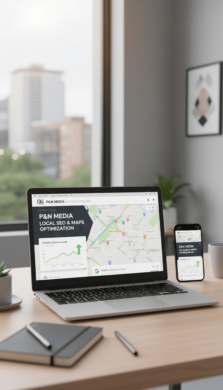 Marketing professional's hands working on laptop with smartphone showing map pins and search results on organized desk
